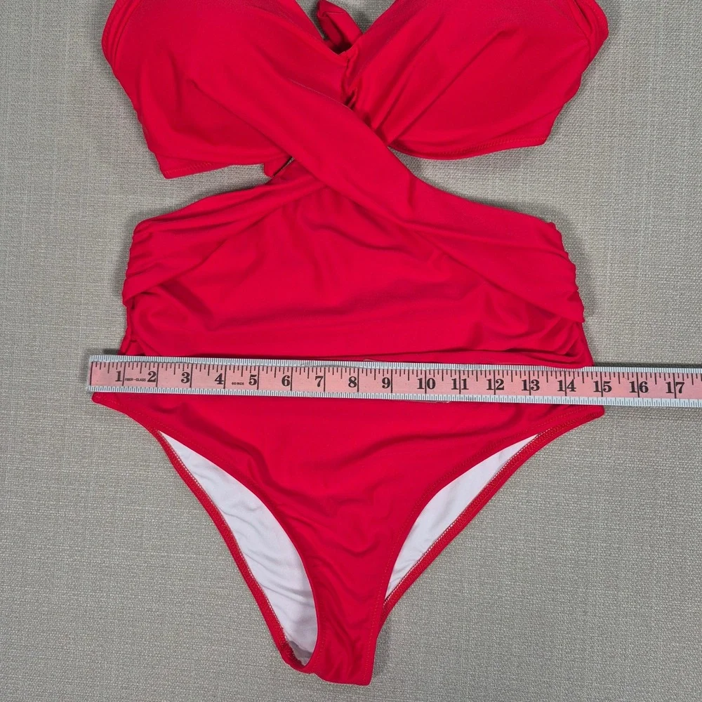 Red One Piece Cutout Monokini Ruched Wrap Halter Swimsuit Size Medium